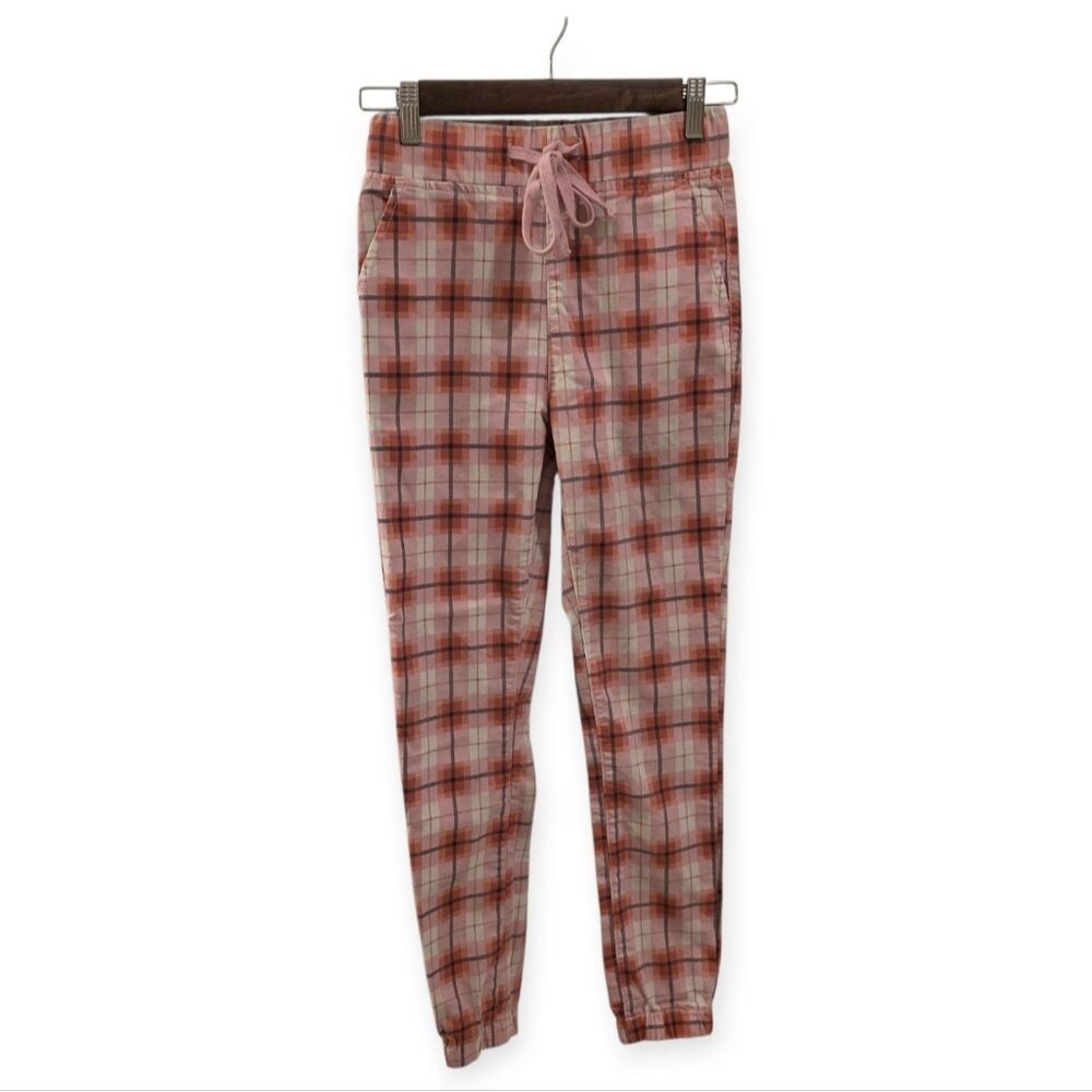 VIP Pink Plaid Denim Joggers Size 1/2 | Elastic Waist Drawstring Pants - Picture 2 of 4